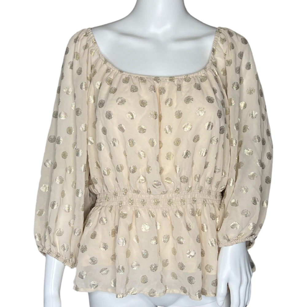 Mi Ami Shirt Womens Large Cream Shimmer Polka Dots Peplum Boho Bohemian Casual